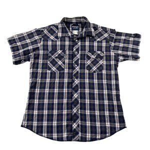 Wrangler Short Sleeve Western Shirt Mens Large Blue Plaid Pearl Snap Button